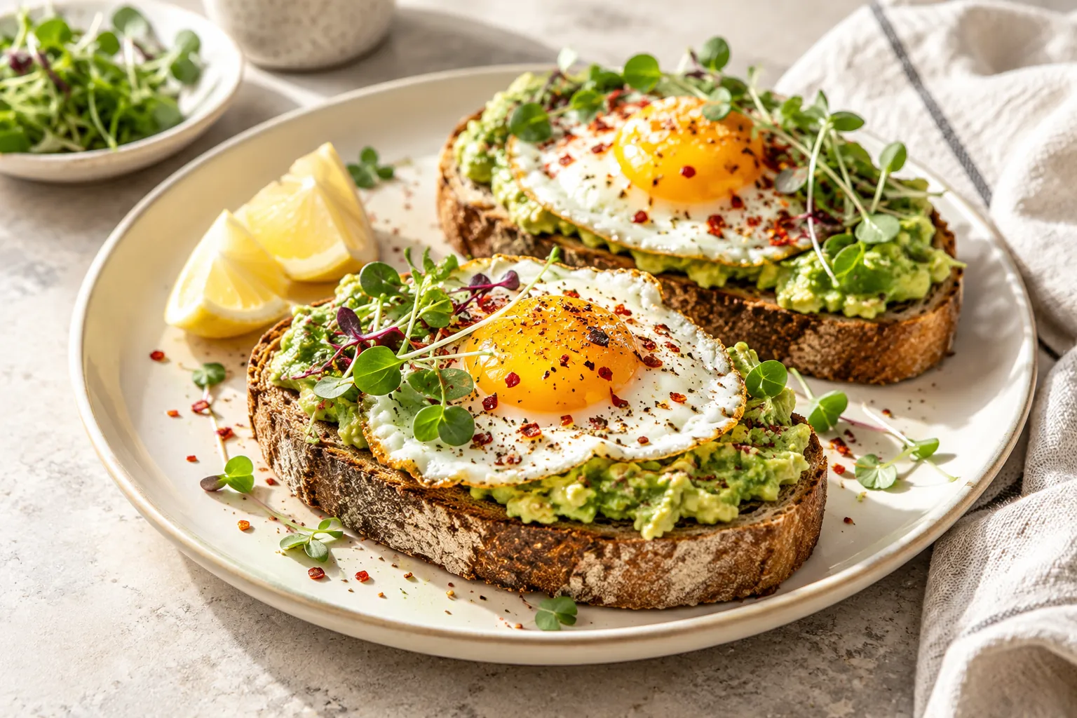 Close-up of creamy mashed avocado and a runny egg yolk on toasted bread