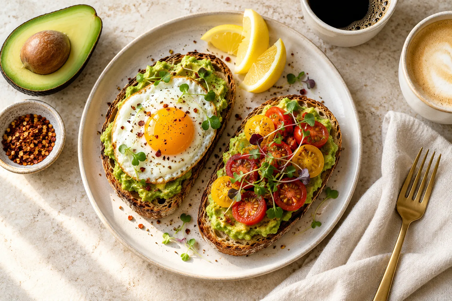 Avocado egg toast served on a plate for breakfast