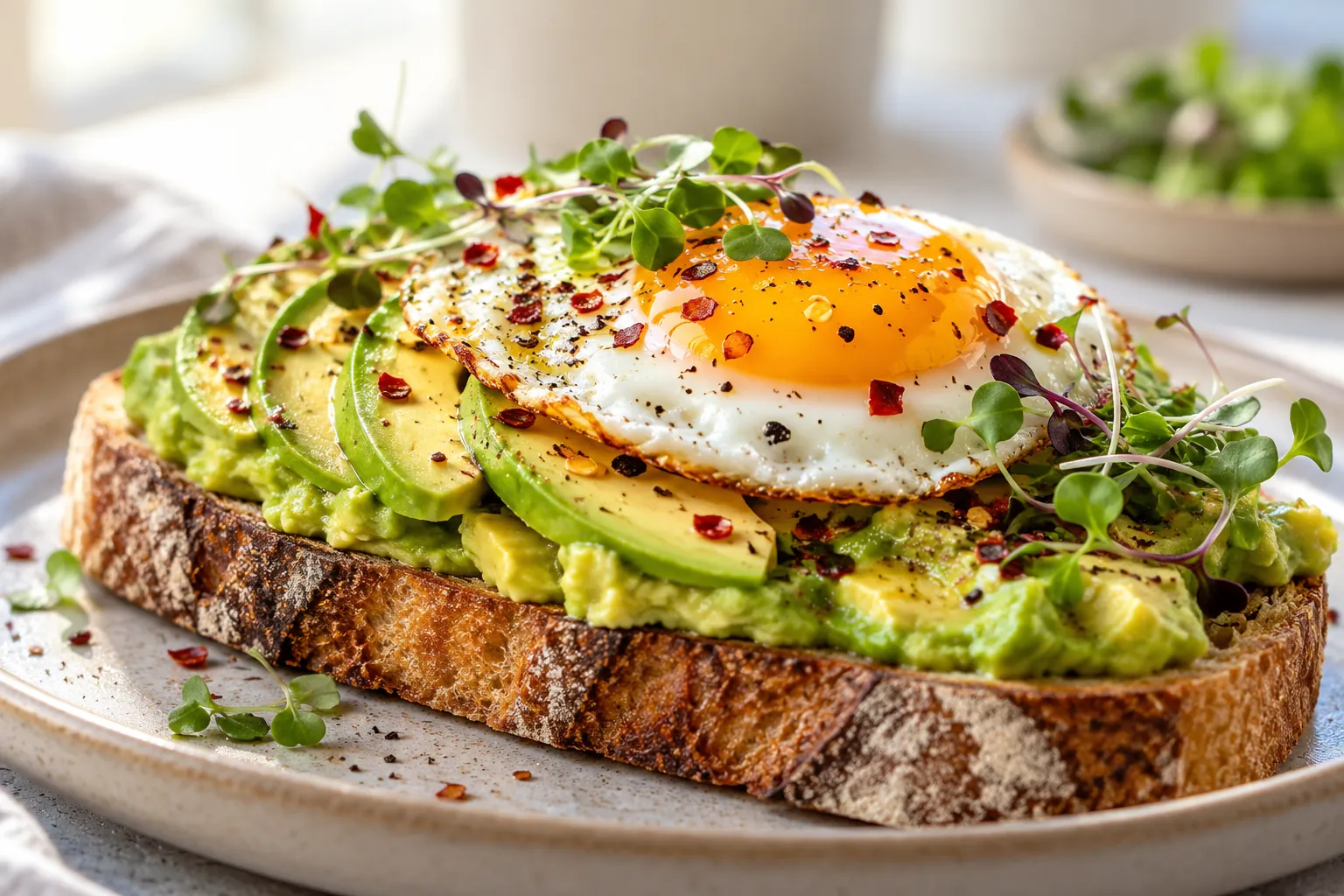 Avocado egg toast topped with a golden fried egg on crisp toast