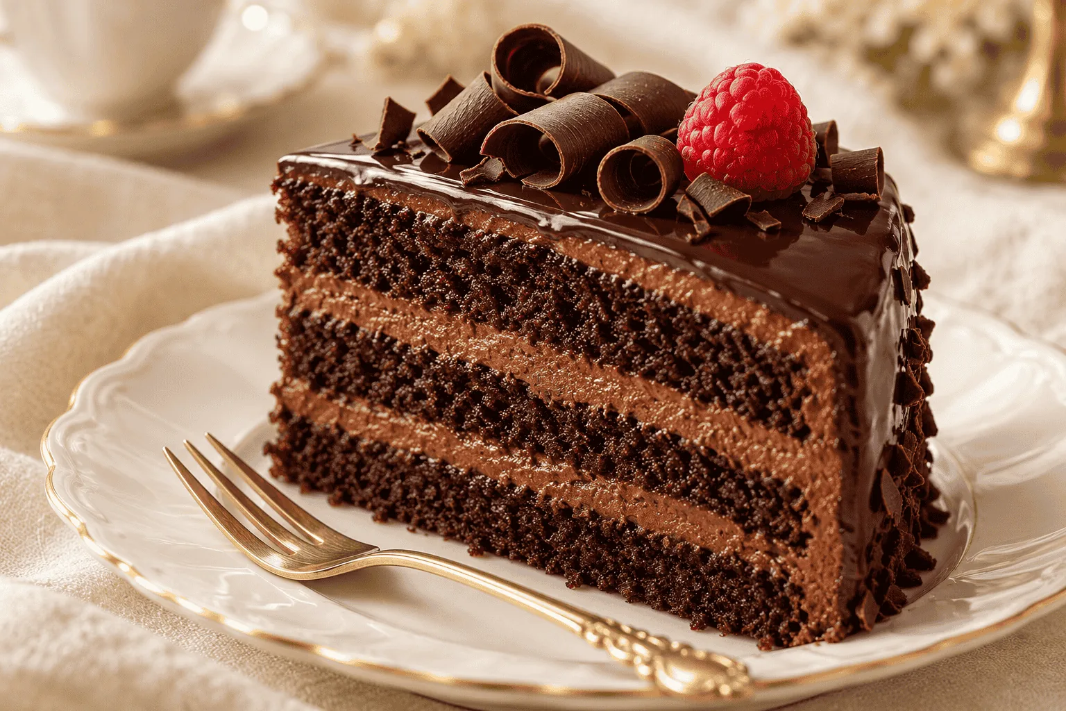 Chocolate Celebration Cake Close-Up Close-up of a moist chocolate cake slice with soft crumb and glossy frosting