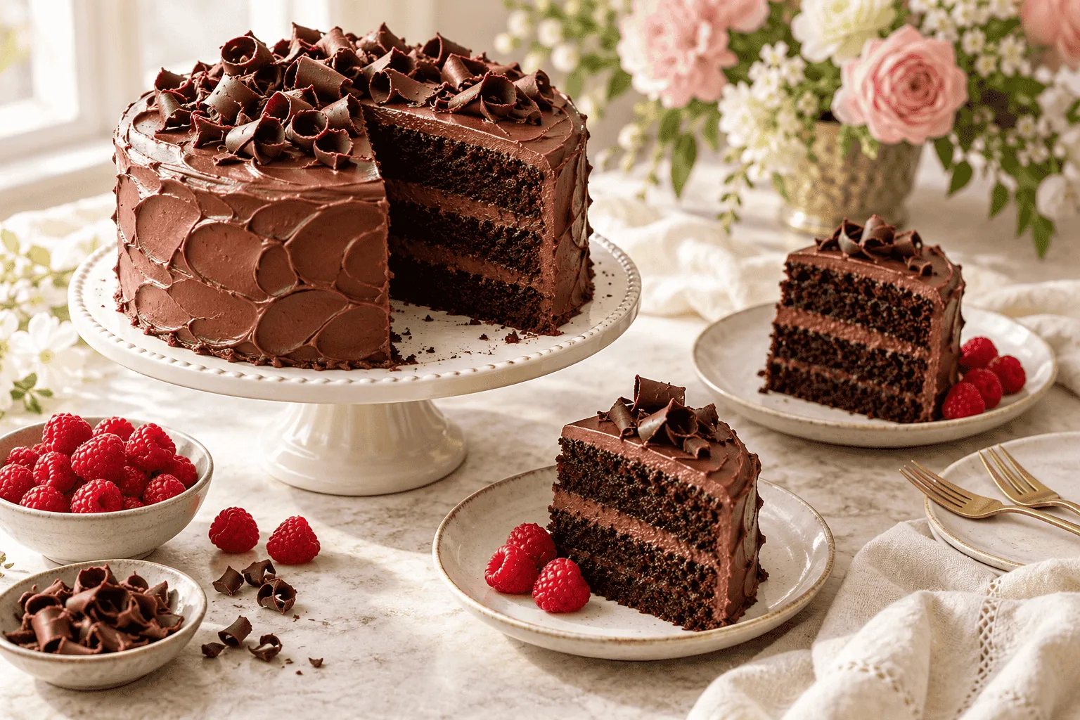 Chocolate Celebration Cake Served Slice of chocolate celebration cake served on a plate