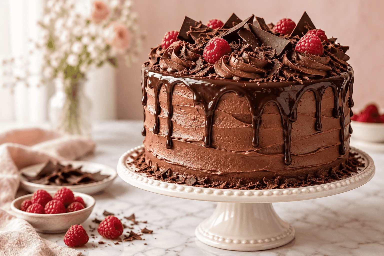 Chocolate birthday cake with swirls of rich chocolate frosting on a cake stand