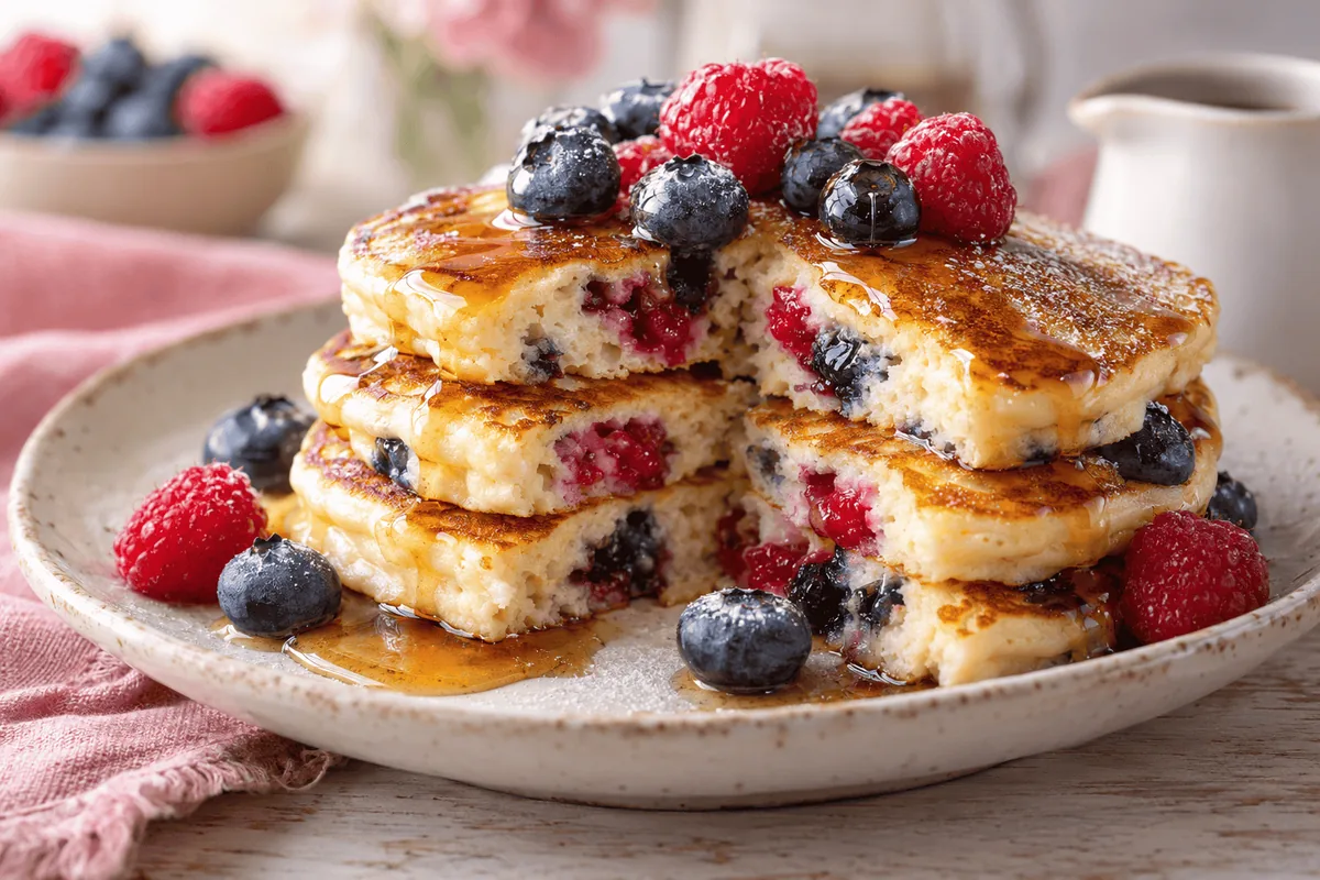Cut-open fluffy berry pancakes showing a light, airy inside with raspberries and blueberries