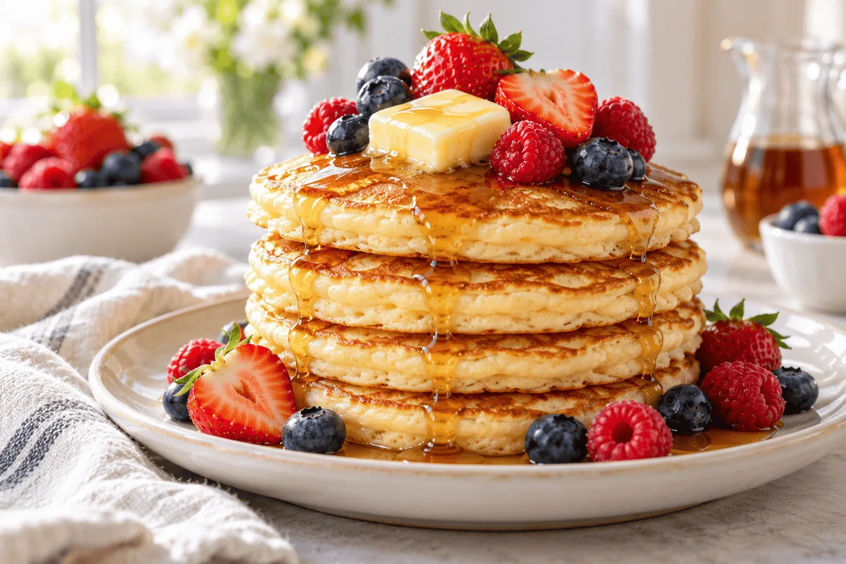 Fluffy berry pancakes stacked with fresh berries and maple syrup