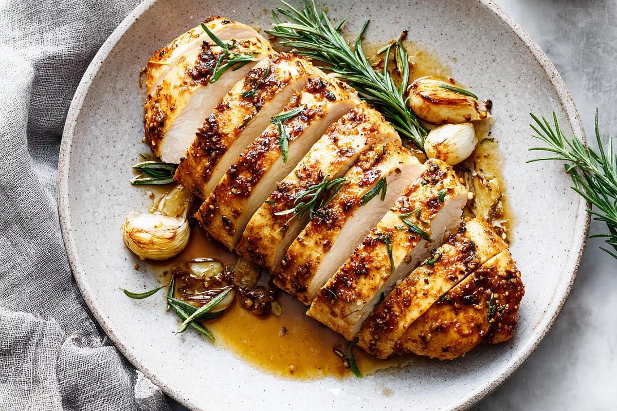 Close-up of sliced herb roasted chicken with crisp skin, rosemary and roasted garlic