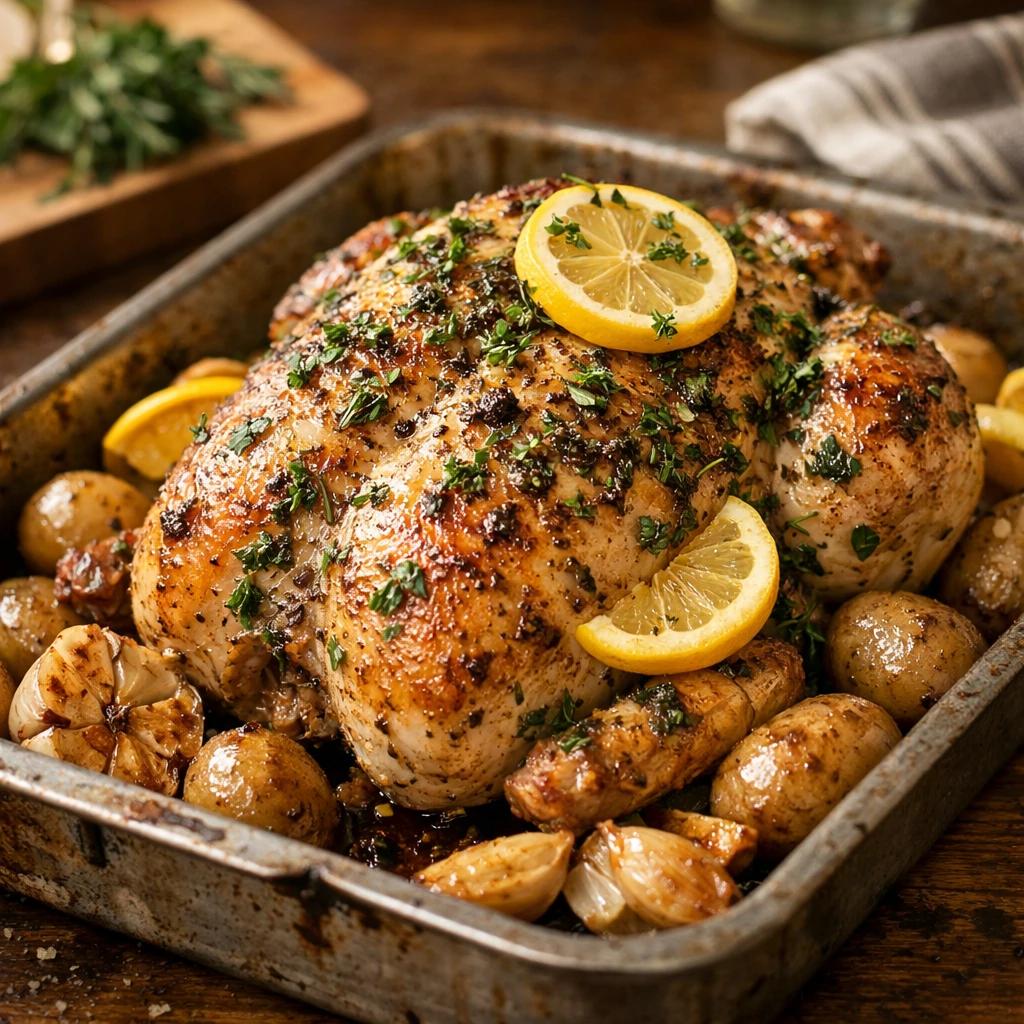 Herb roasted chicken with crispy golden skin in a roasting tray with potatoes and lemon