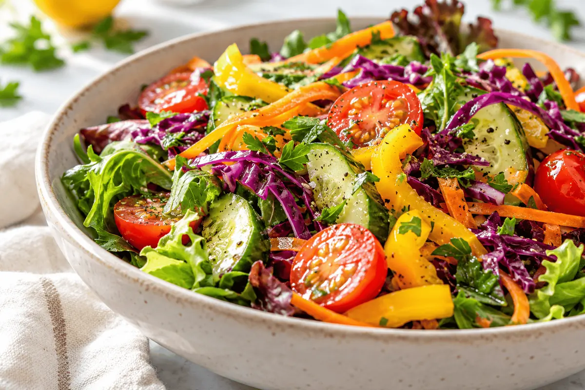 Rainbow Salad Close-Up Close-up of crisp rainbow salad vegetables tossed in a light dressing