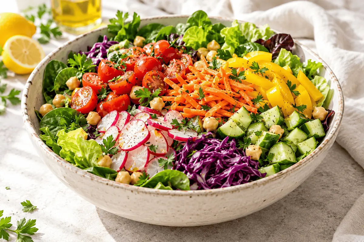 Rainbow Salad Served Rainbow salad in a bowl with rows of tomatoes, carrots, yellow pepper, cucumber, radishes and red cabbage over greens