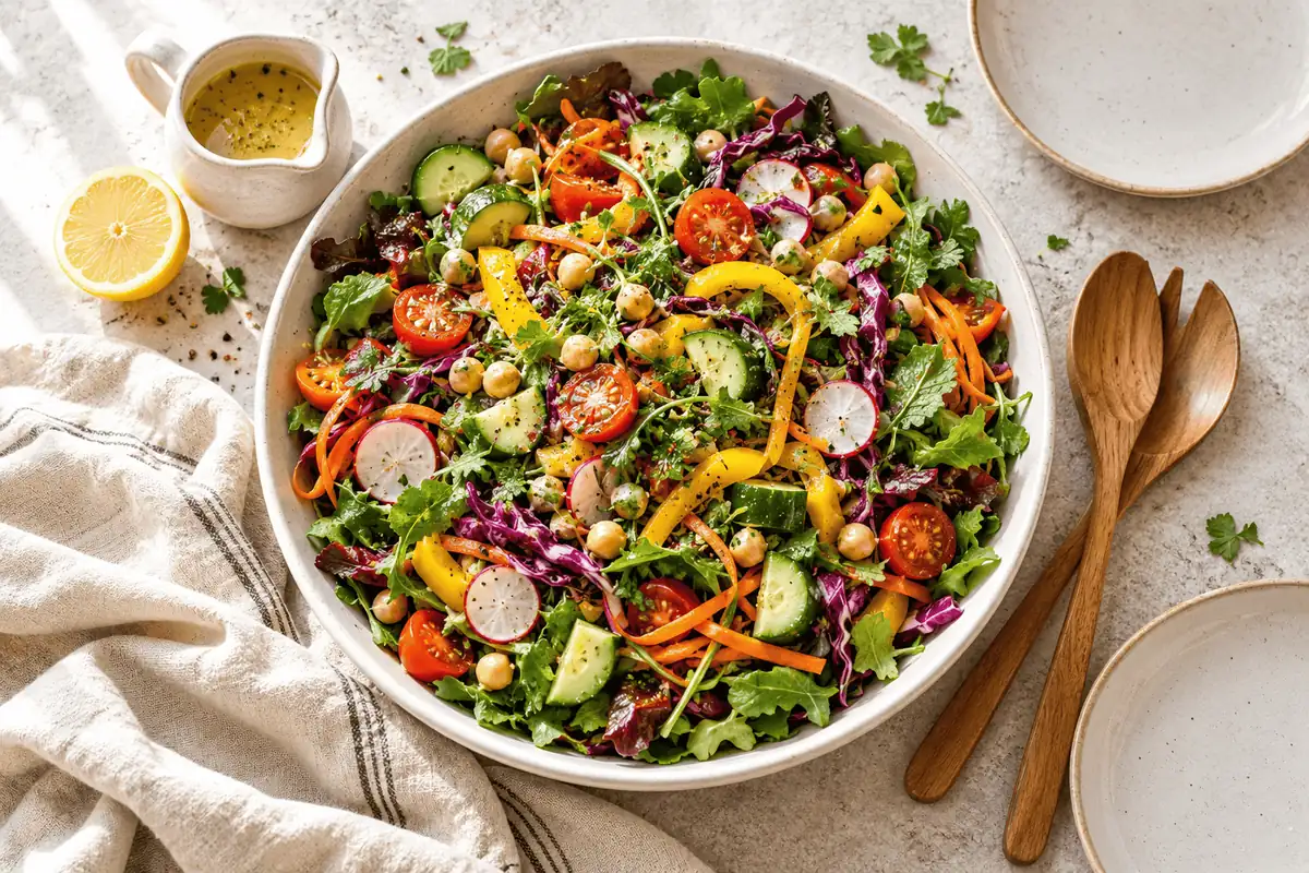 Colorful rainbow salad with fresh vegetables and greens in a white bowl