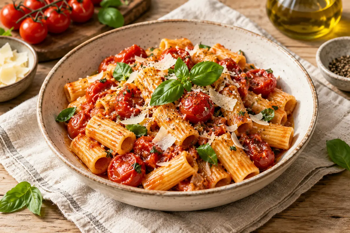 Roasted tomato basil pasta topped with parmesan in a white bowl