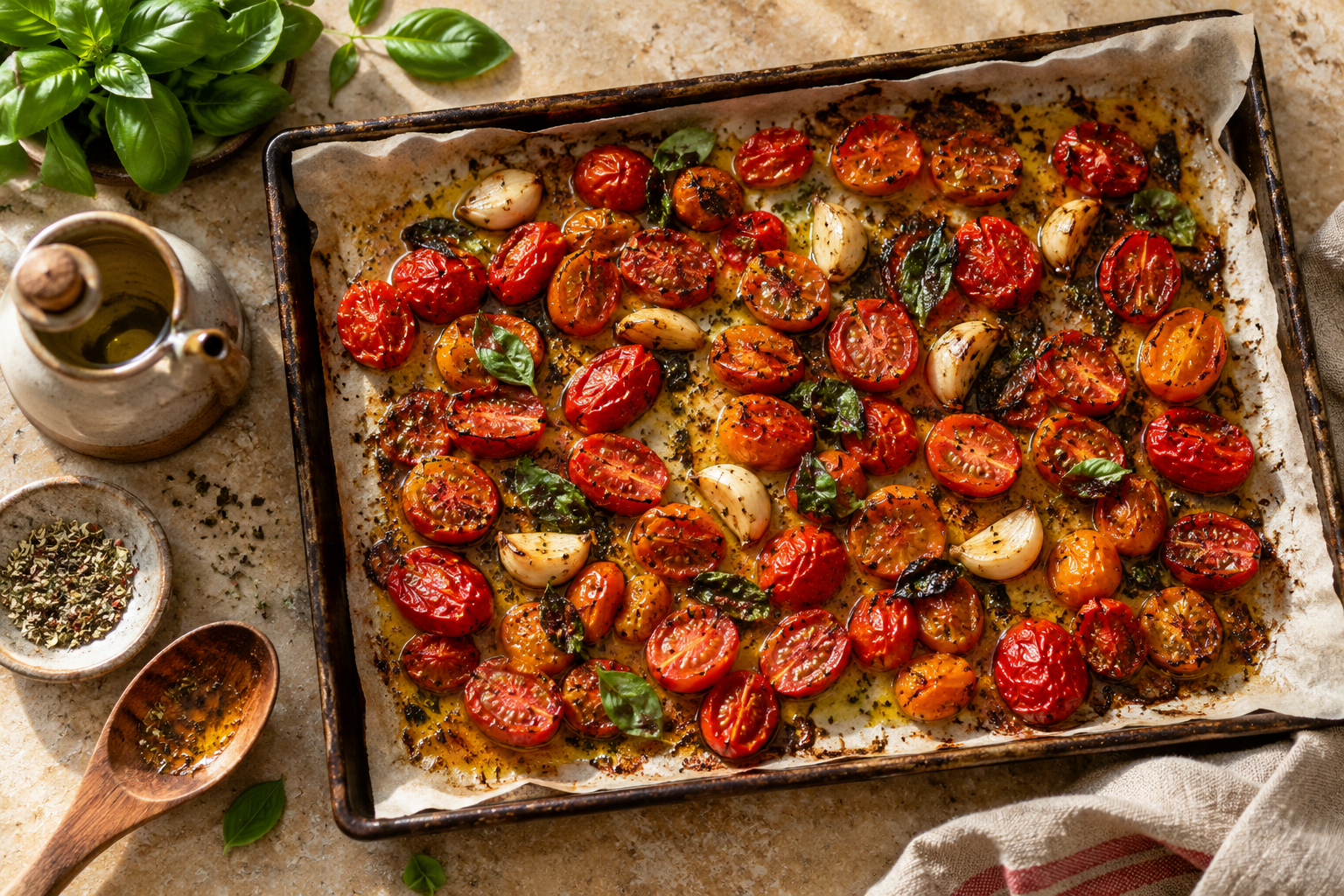Roasted Tomatoes on Baking Tray Cherry tomatoes, garlic and basil roasting on a baking tray