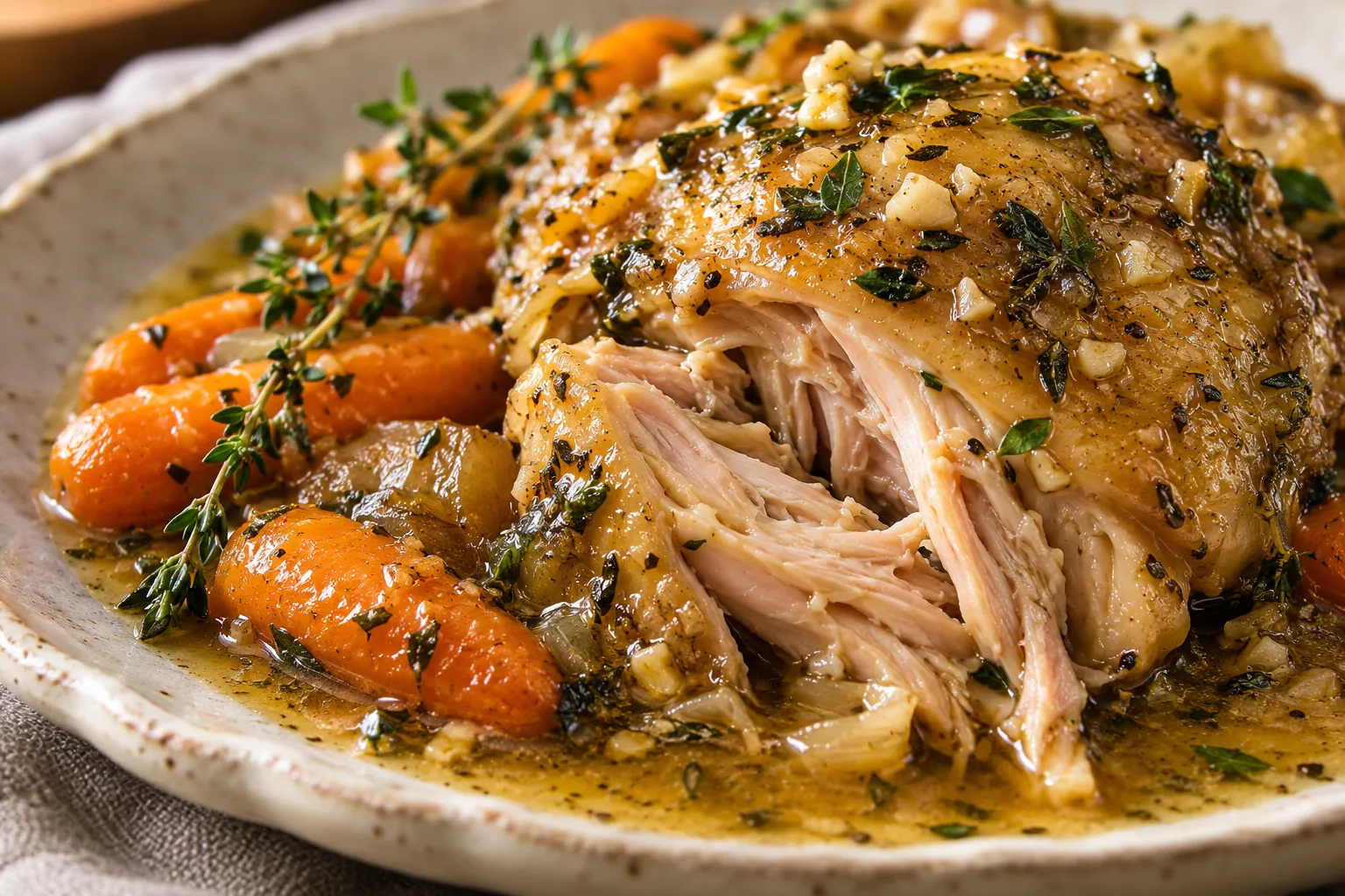Close-up of tender garlic herb chicken thighs with sauce