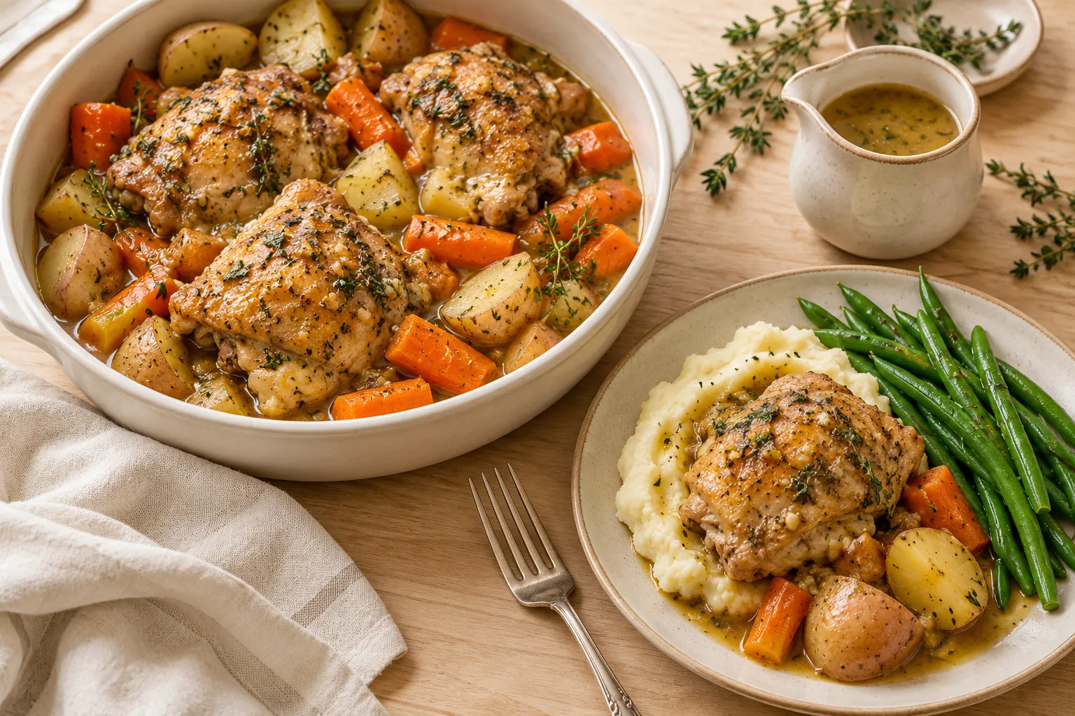 Slow cooker chicken thighs served with mashed potatoes and green beans
