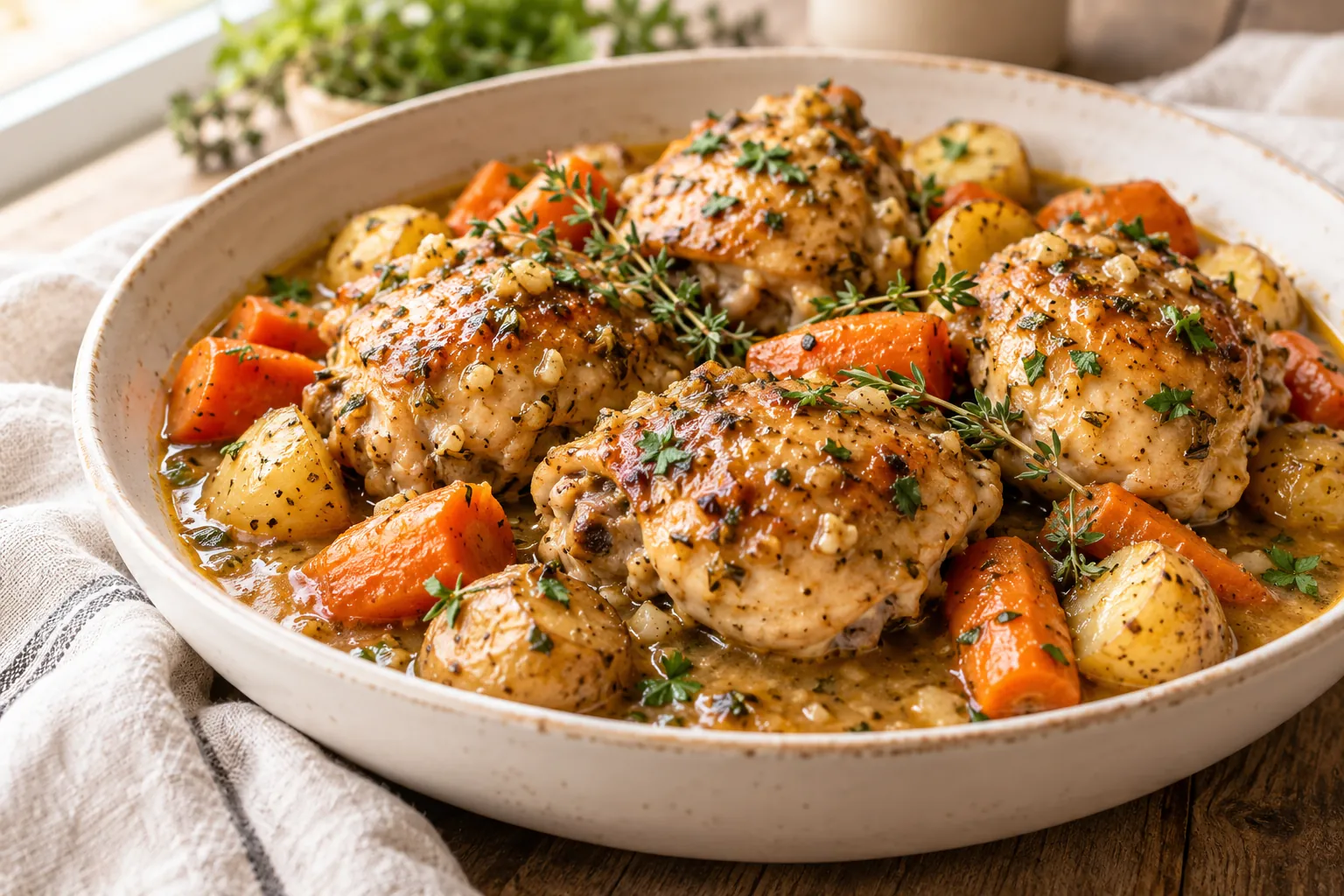 Juicy slow cooker chicken thighs in garlic herb sauce
