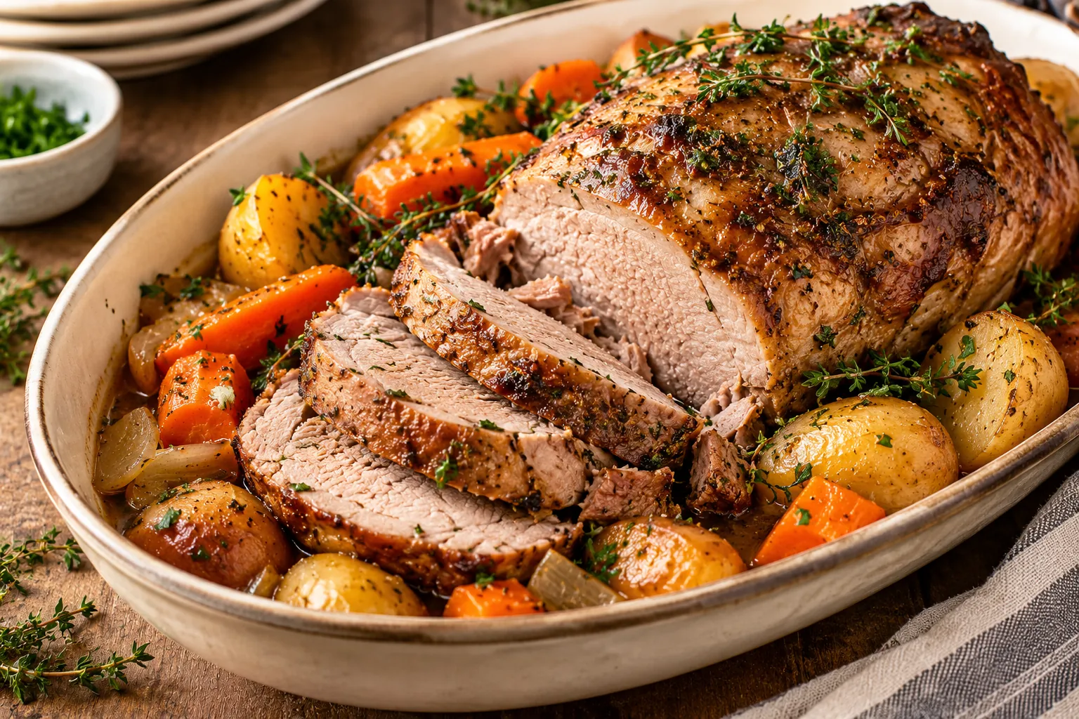 Slow Cooker Pork Roast Close-Up Close-up of tender sliced slow cooker pork roast with potatoes, carrots and onions
