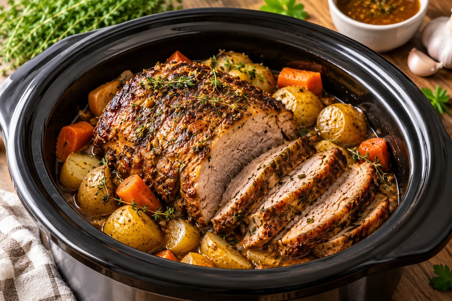 Slow Cooker Pork Roast Served Slow cooker pork roast sliced in the pot with potatoes and carrots