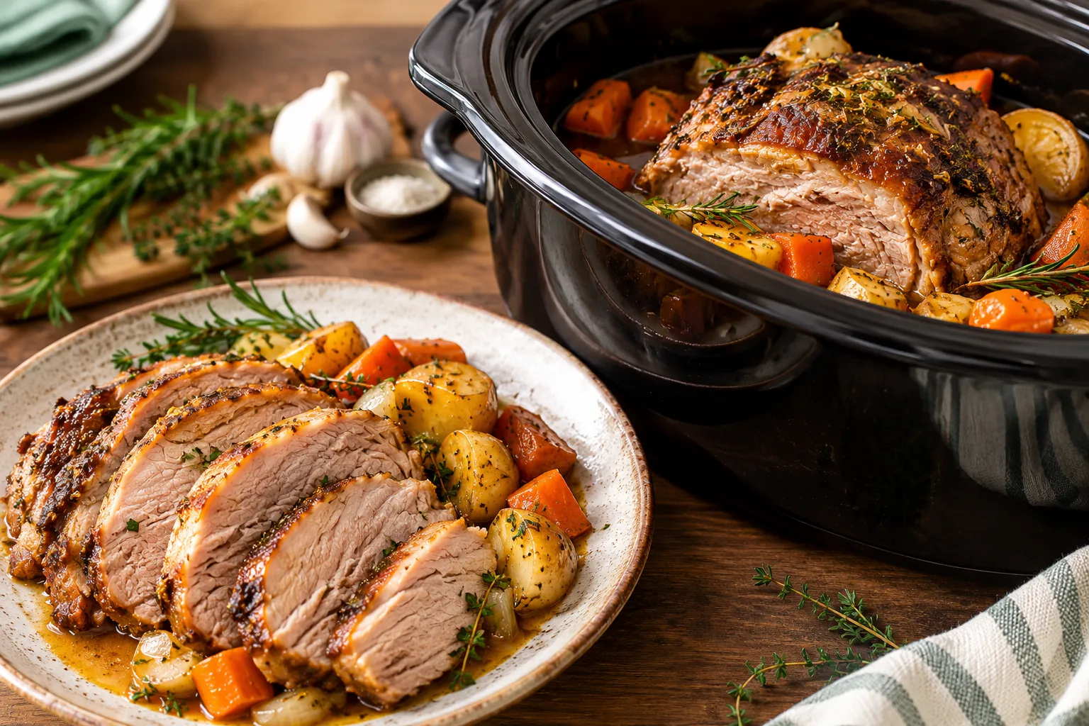Fork-tender slow cooker pork roast with garlic herb sauce