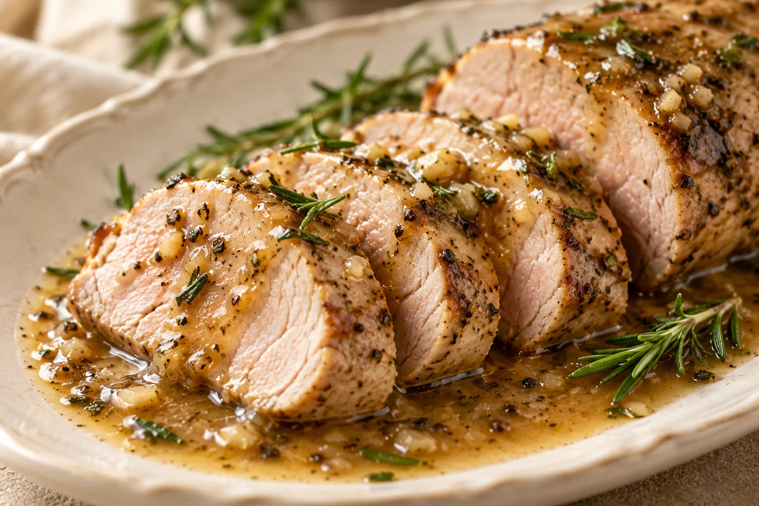 Slow Cooker Pork Tenderloin Close-Up Close-up of juicy sliced pork tenderloin with herb sauce