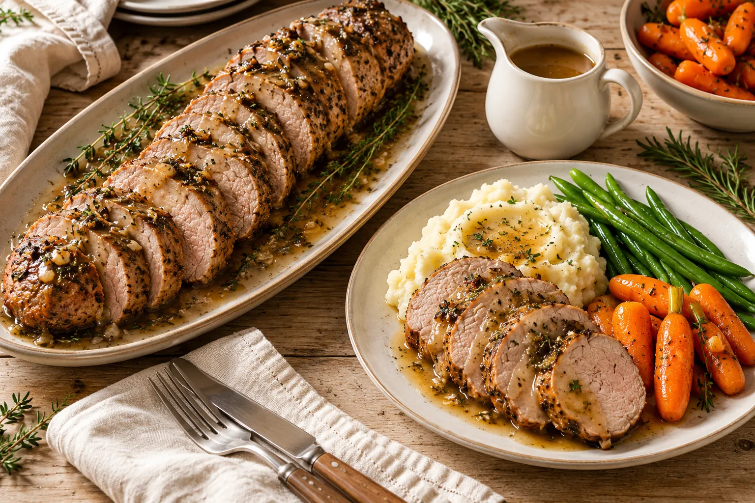 Slow Cooker Pork Tenderloin Served Slow cooker pork tenderloin served with mashed potatoes and green beans