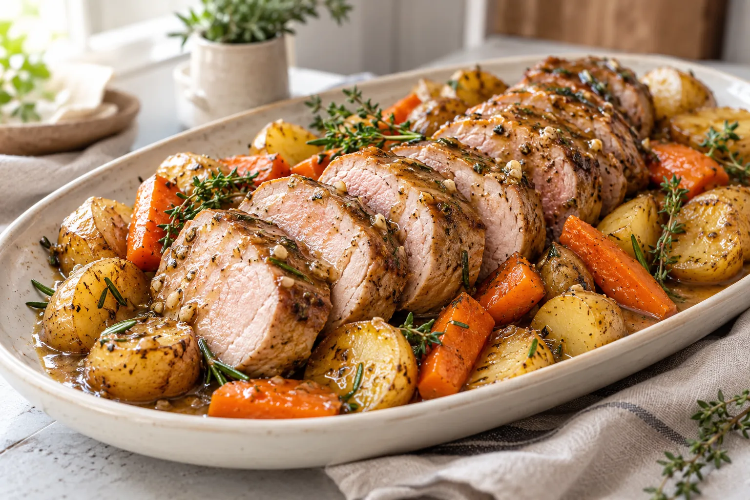 Sliced slow cooker pork tenderloin with garlic herb sauce, roasted potatoes and carrots